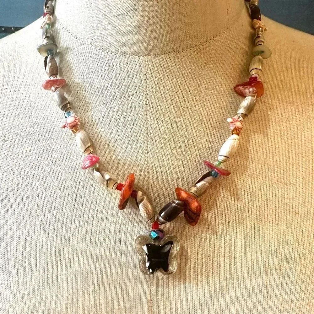 Shell beaded butterfly pendant necklace